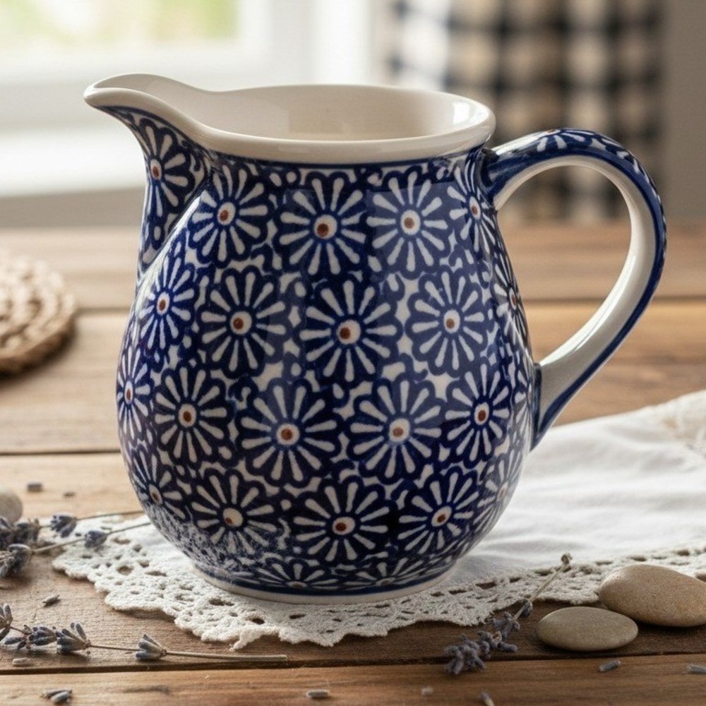 Boleslawiec Polish Pottery Pitcher Daisy Pattern Jug Handmade Painted Large